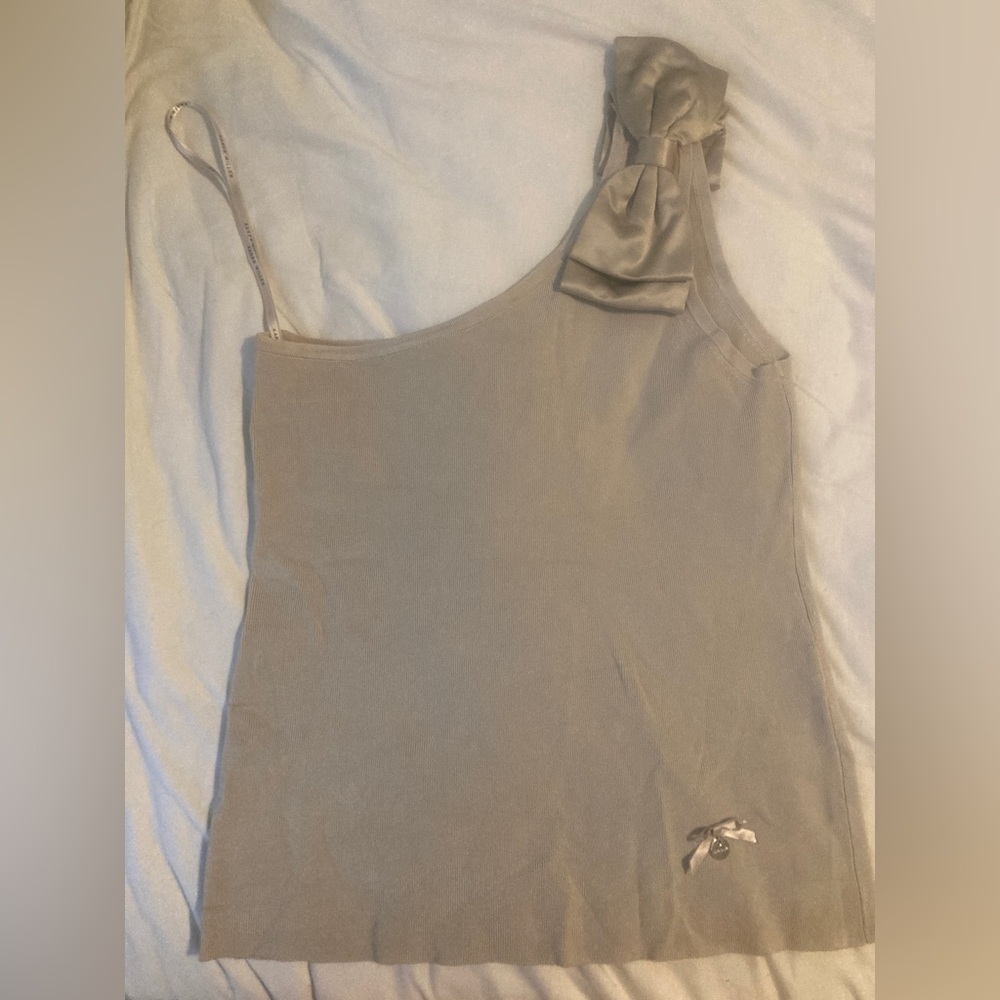 Karen Millen one shoulder gold top with silk bow.